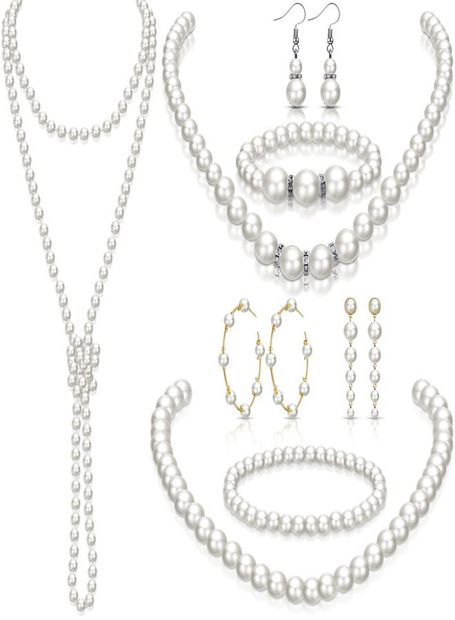 Aurelema 8 Pcs Pearl Necklace and Earrings Set for Women 1920s Costume Jewelry Bracelet Set for Wedding Birthdays Gifts(Vintage Style) - Image 1